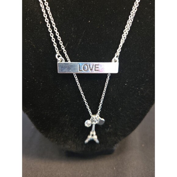 Aeropostale 1987 Silvertone Charm Necklace 16" LOVE Bar, Eiffel Tower Charm - Picture 2 of 7